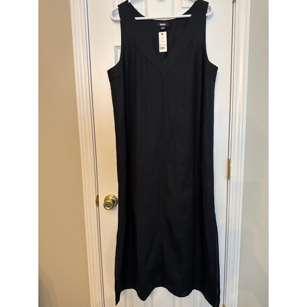 DKNY Black Linen Blend V-Neck Sleeveless Maxi Dress Side Slits Large P61C8FZK